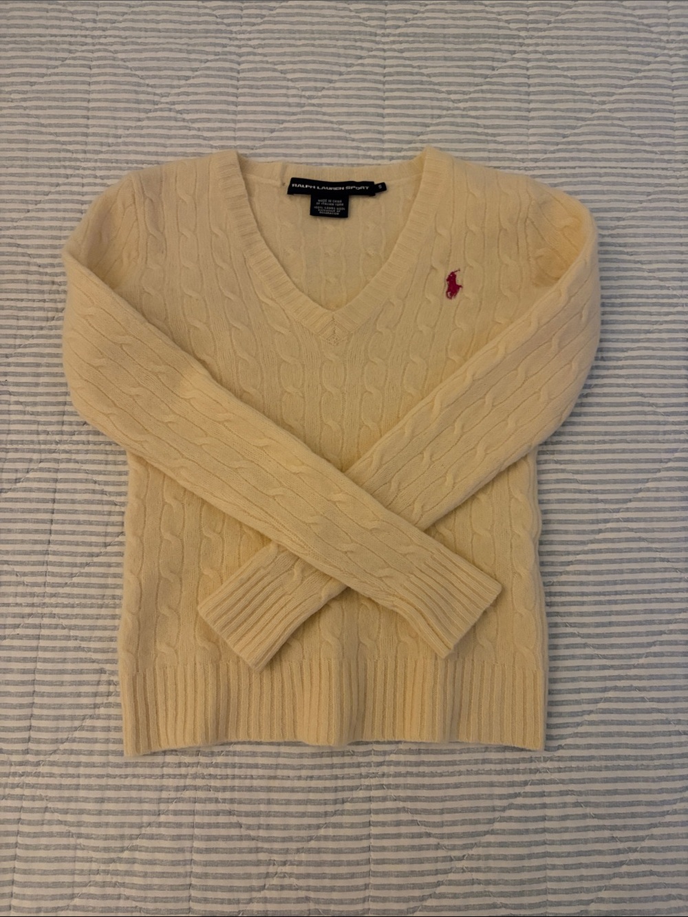 Ralph Lauren butter yellow Cable-Knit V-Neck Sweater with red Pony
